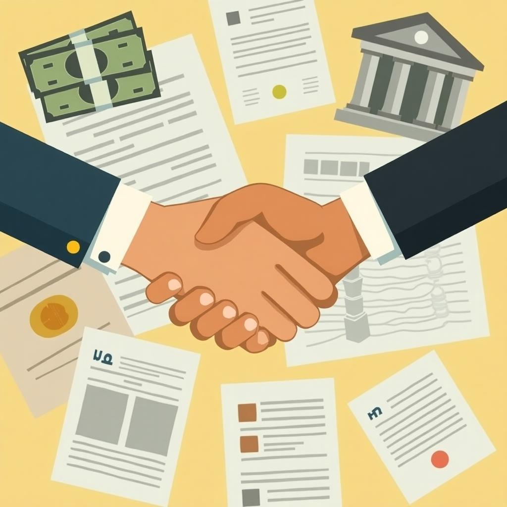 Background with documents, money, bank, and handshake. Professional handshake