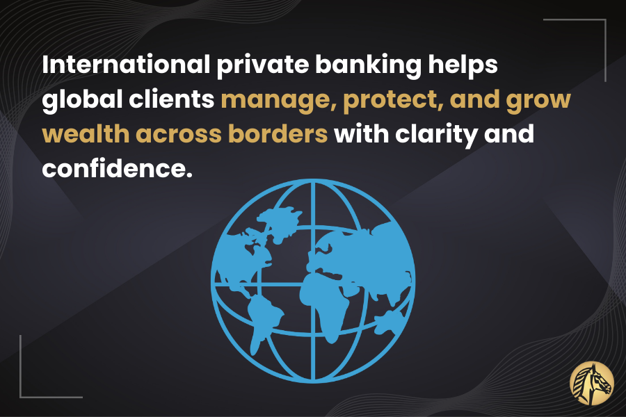 Illustration einer Weltkarte mit Symbolen und Text, der hervorhebt, wie internationales Private Banking Kunden dabei hilft, Verm&ouml;gen &uuml;ber Grenzen hinweg zu verwalten, zu sch&uuml;tzen und zu vermehren