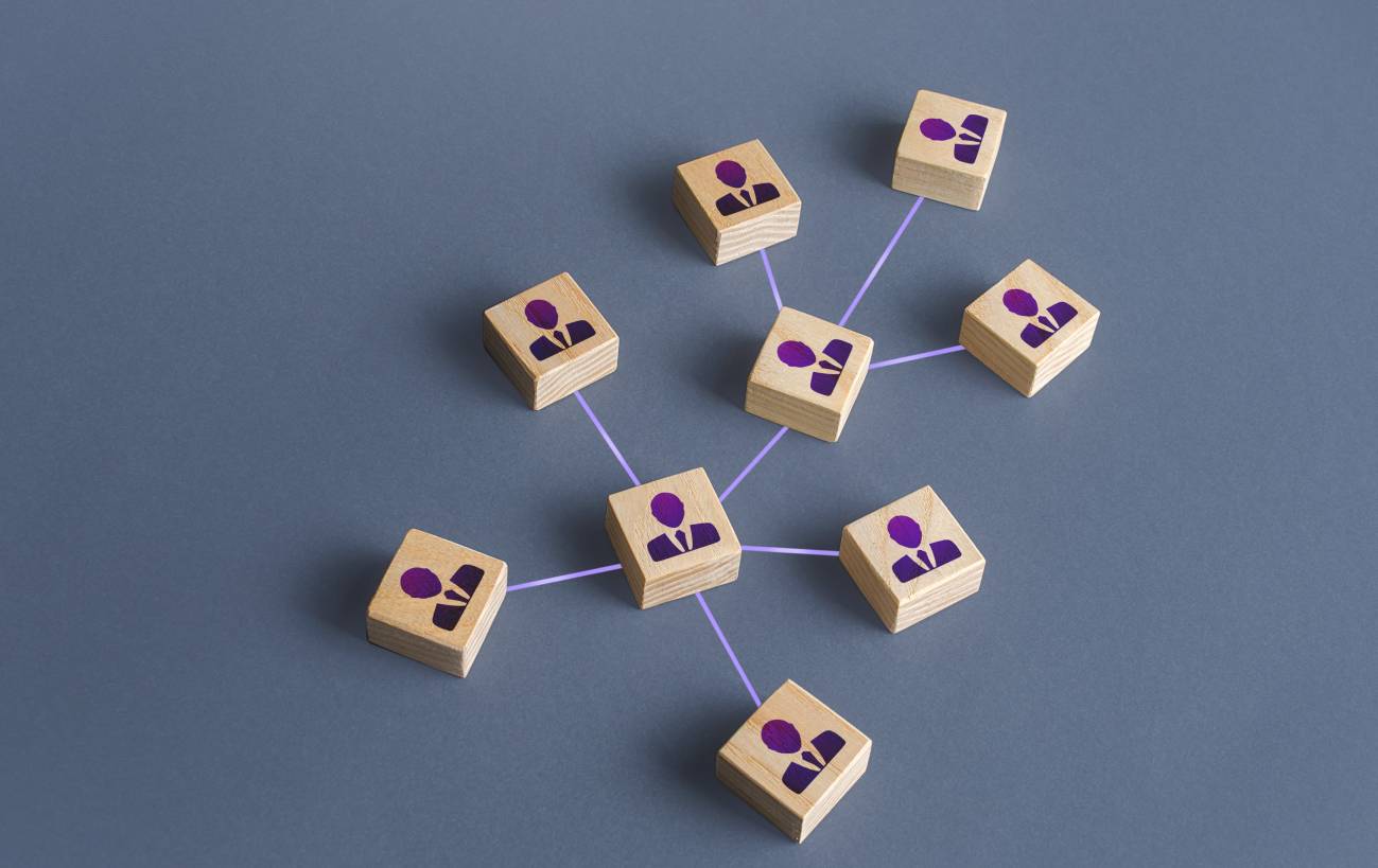 People connected by a network business structure. Interaction between employees or community members