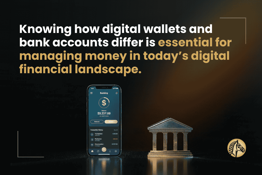 Smartphone mit Banking-App neben einem klassischen Bankgeb&auml;ude-Symbol, das den Unterschied zwischen digitalen Geldb&ouml;rsen und traditionellen Bankkonten in einer modernen Finanzlandschaft veranschaulicht