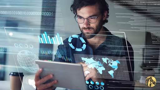 Financial specialist evaluating global trade finance data and market growth trends on a digital tablet. 
