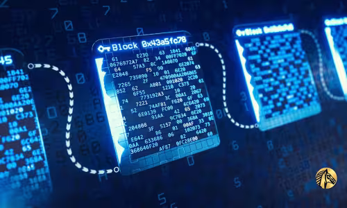 Secure blockchain ledger data blocks demonstrating encrypted digital transaction tracking 