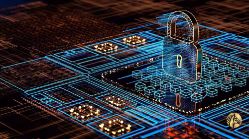 Cryptographic lock on digital circuit board representing immutable blockchain security in banking 